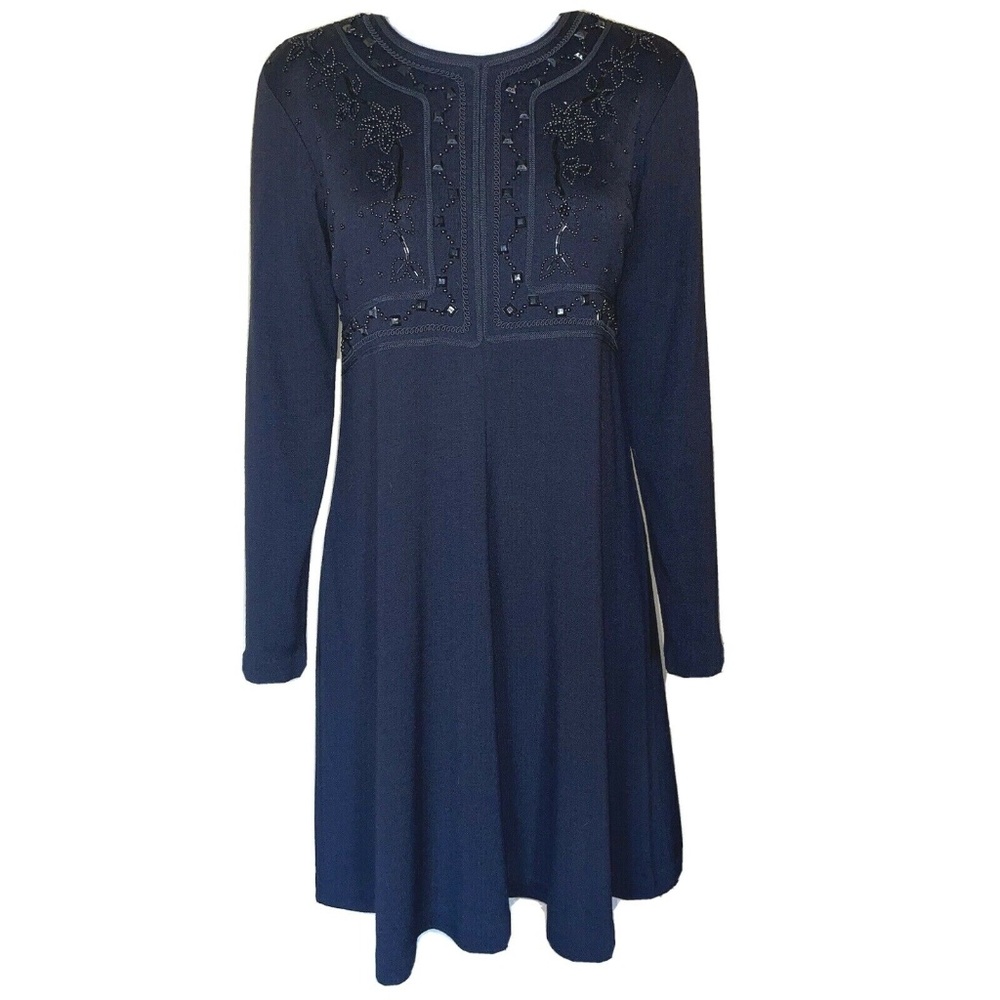 Gorgeous Liz Claiborne Black Floral Beaded Beads Stud Wool mix Sweater Dress
